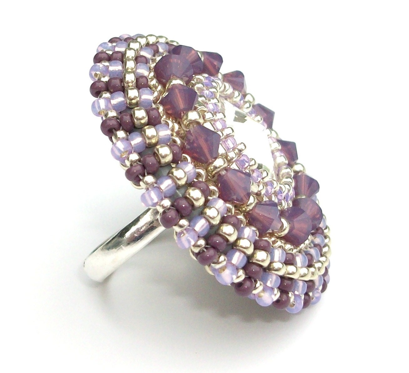 Ring Swarovski Beaded Cocktail Ring Purple Lilac Opal