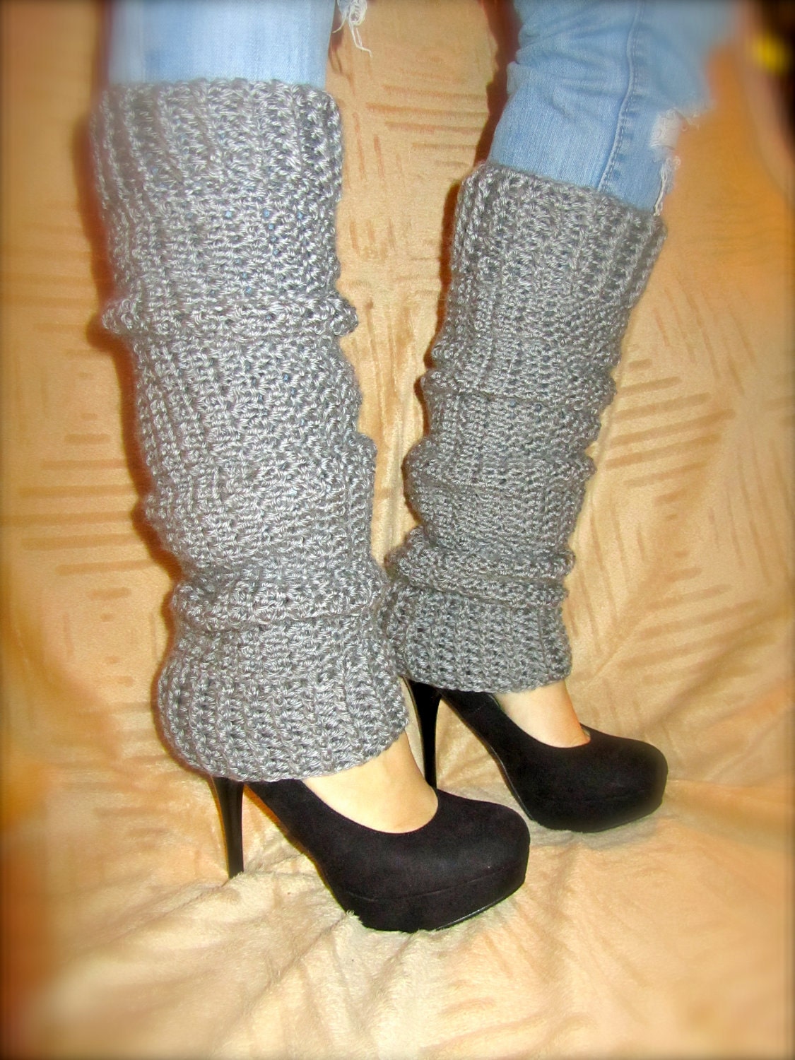 Heather Gray Crochet Leg Warmers Size Medium