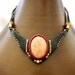 Macrame necklace with a Jasper pendant, dark green and red wax threads, High-quality brass beads, tribal jewelry