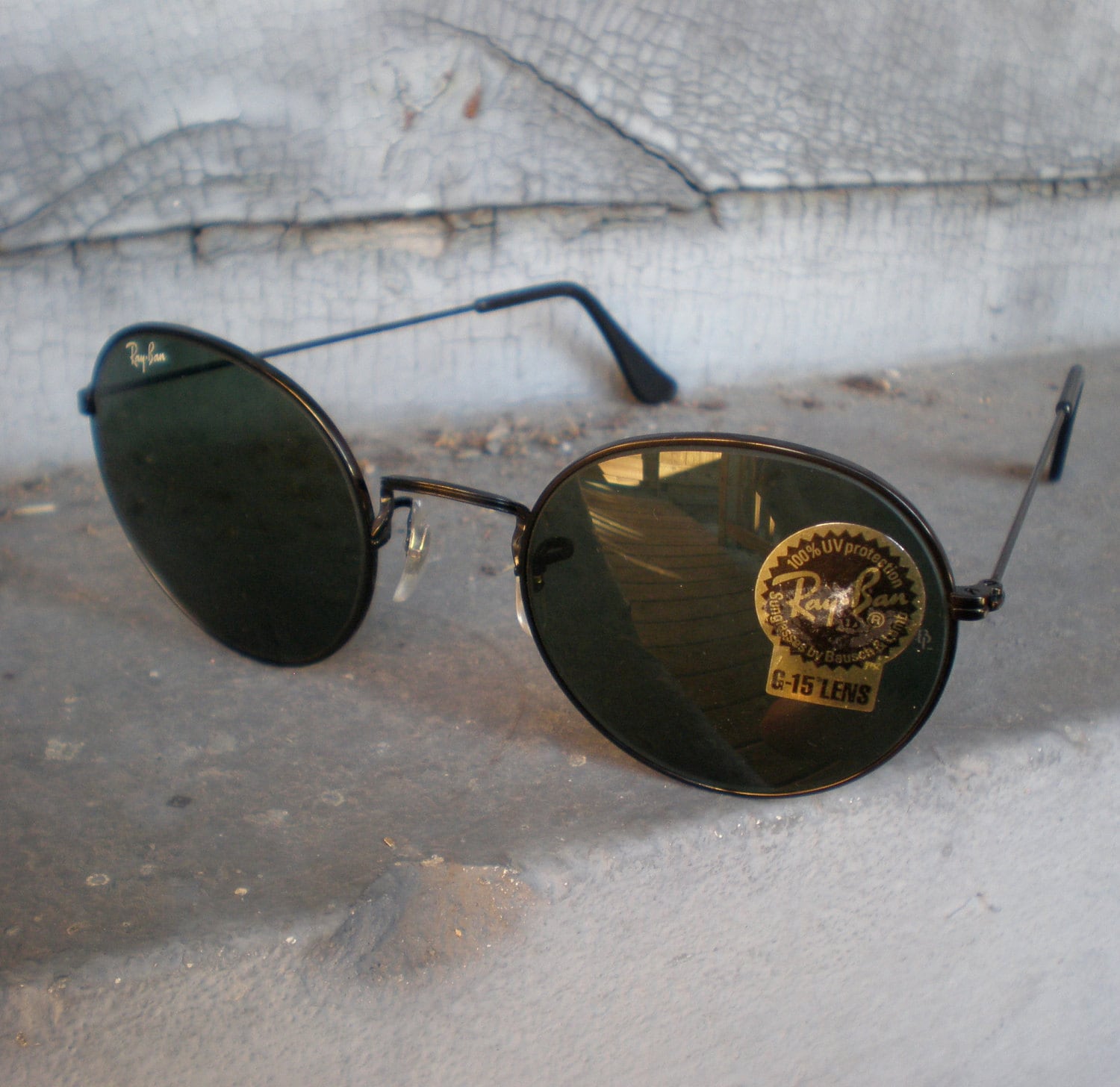 Vintage Ray Ban Sunglasses 90s Black Beatnik Round G 15 Lens 