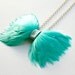 Teal Aqua Feather Bow Tie Necklace w/ Upcycled Leather Center