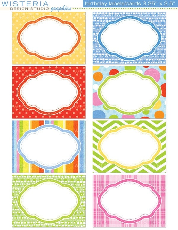 Birthday Party Labels / Cards 3.5 x 2.5 by WisteriaDesignStudio