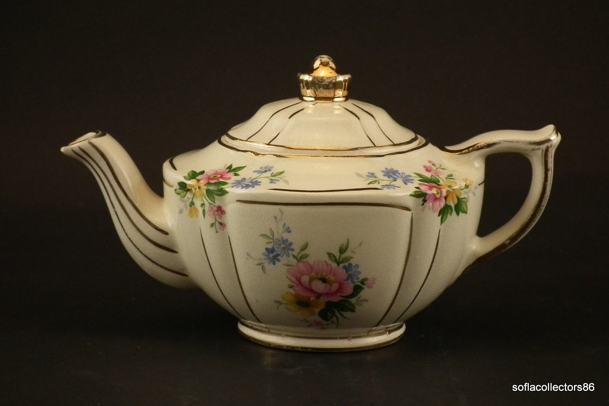 Vintage Miniature Sadler Teapot Pink and Yellow Rose with Gold