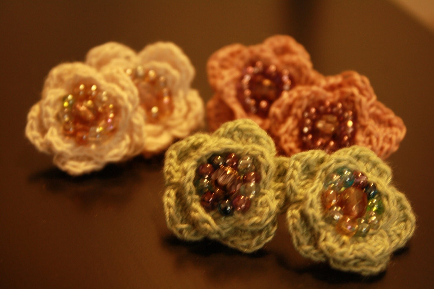 Crocheted & Beaded Flower Stud Earrings by jannalouisedesign