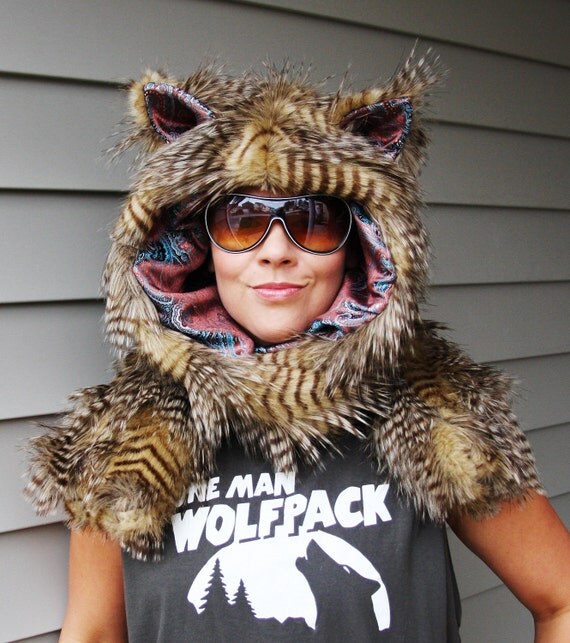 One Man Wolfpack Hoodie Scoodie scarf with mittens Brown