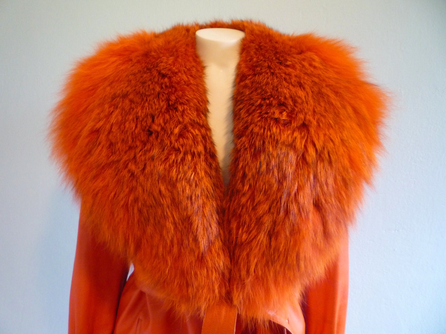 Vintage faux orange leather and Rabbit fur trimmed coat