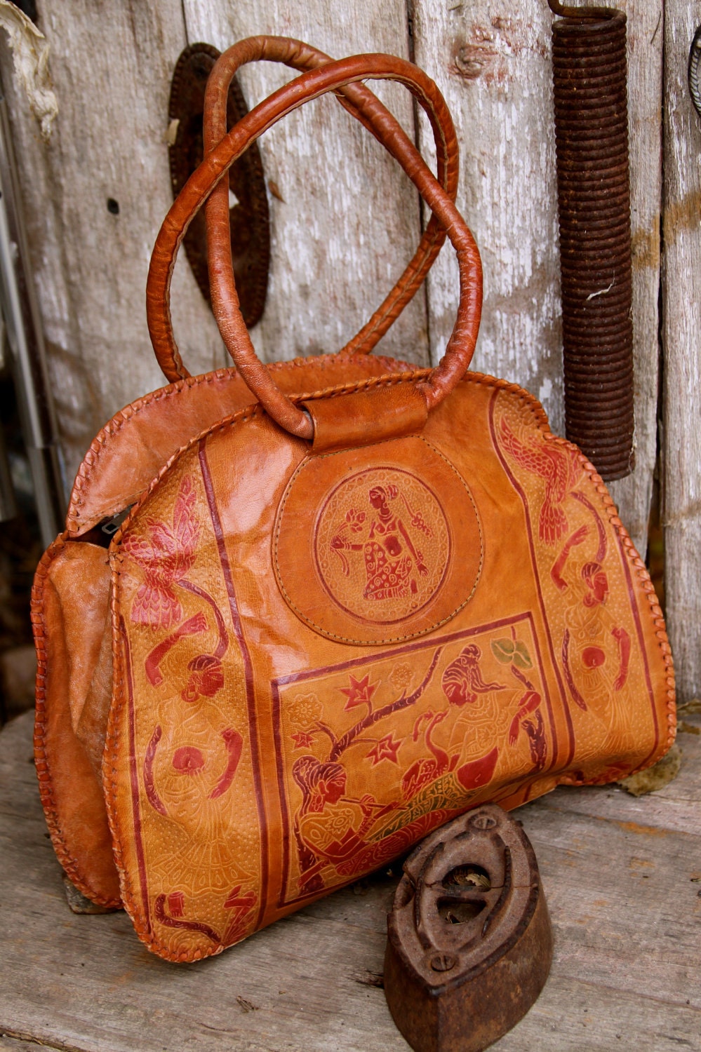Vintage leather Handbag .Indian women engraved .1970s