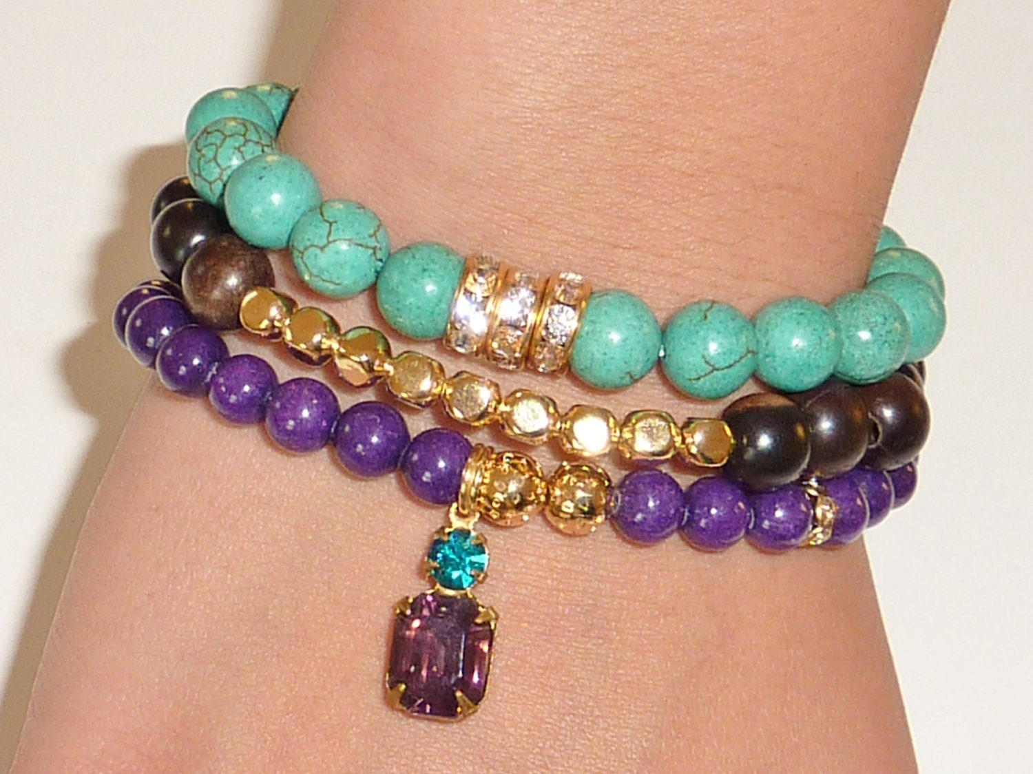 Purple Mountain Jade Semiprecious Gemstone Beaded Bracelet