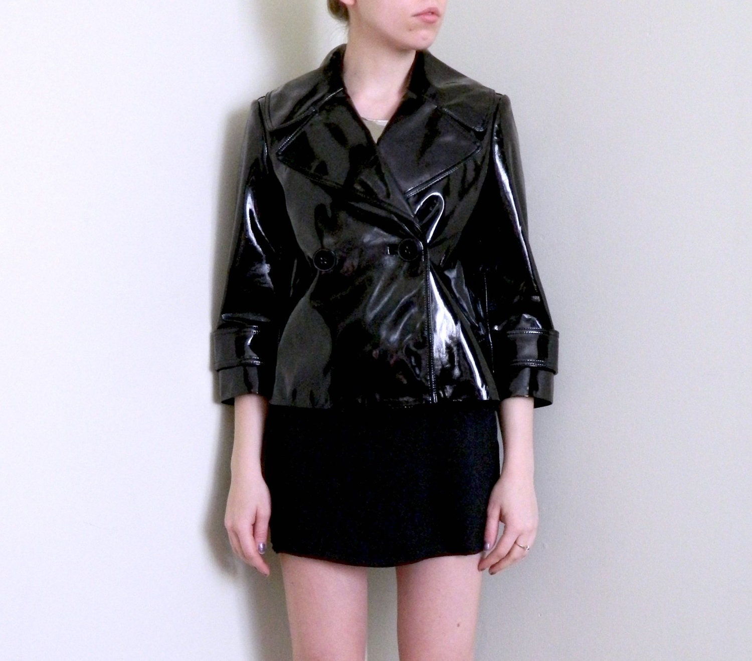 RESERVED 1990's Shiny Black Cropped PVC Trench Coat