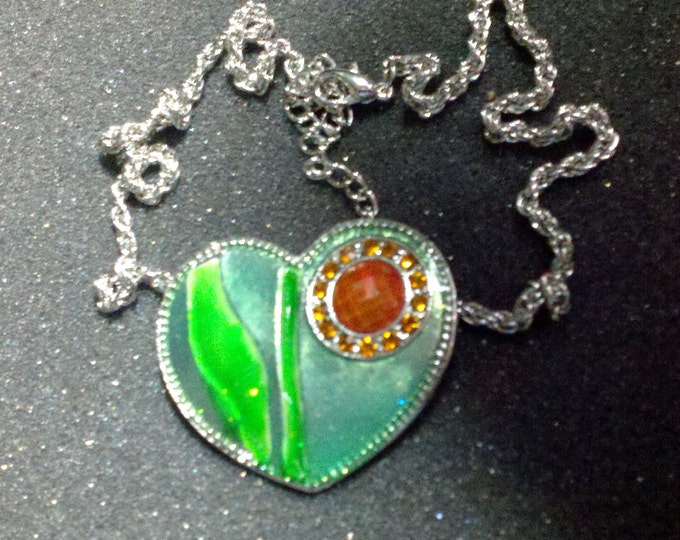 FREE SHIPPING Interchangeable heart necklace brooch, Emerald Green enamel pin with amber orange circle inset surrounded by rhinestones