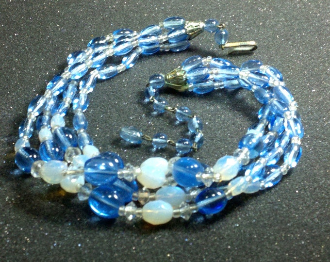 FREE SHIPPING Torsade glass beaded necklace, four strand choker, hand tied necklace, 1940s signed West Germany, blue white, wedding bride