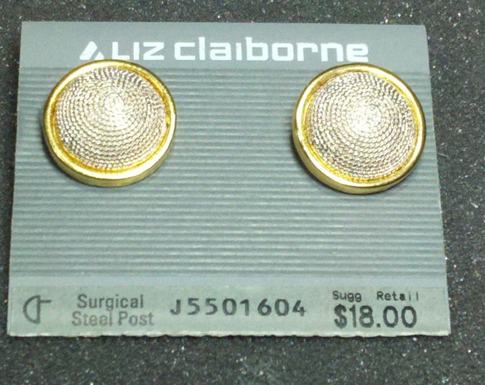 Liz Claiborne earrings, button gold textured pierced earrings on card with surgical steel posts