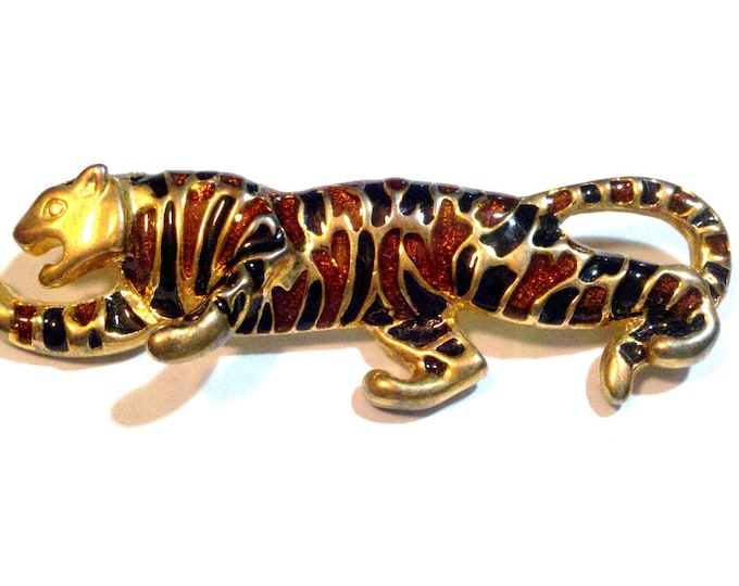 FREE SHIPPING Enamel black and orange jaguar brooch with glitter accents.