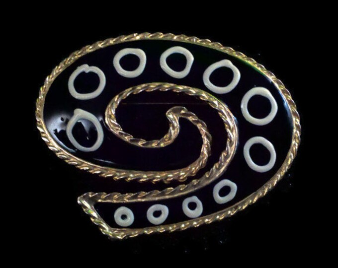 FREE SHIPPING Swirl brooch pin, large black and white mod 60's art deco enamel geometric with white circles gold plate setting.