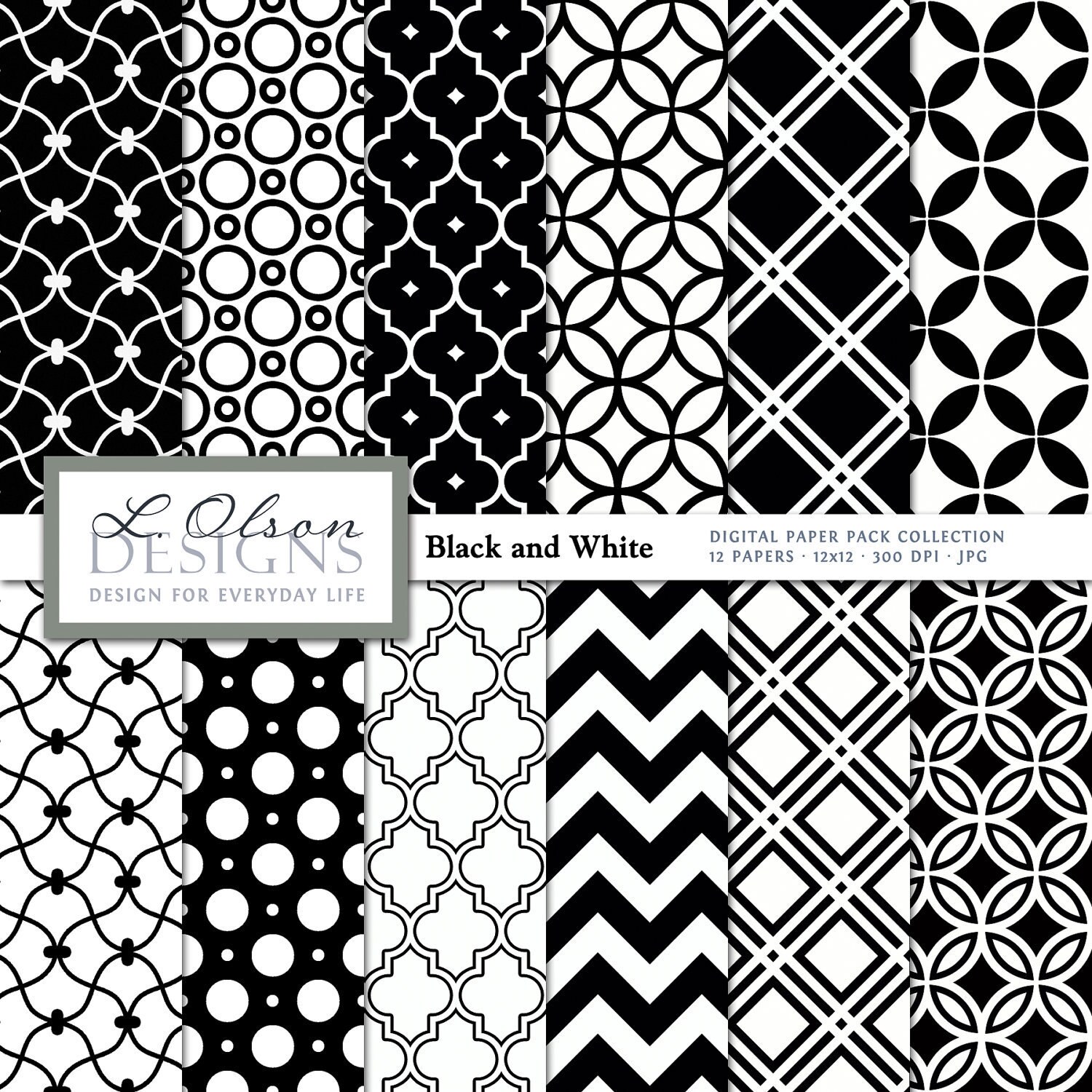 Black and White Paper Pack 12 digital paper patterns