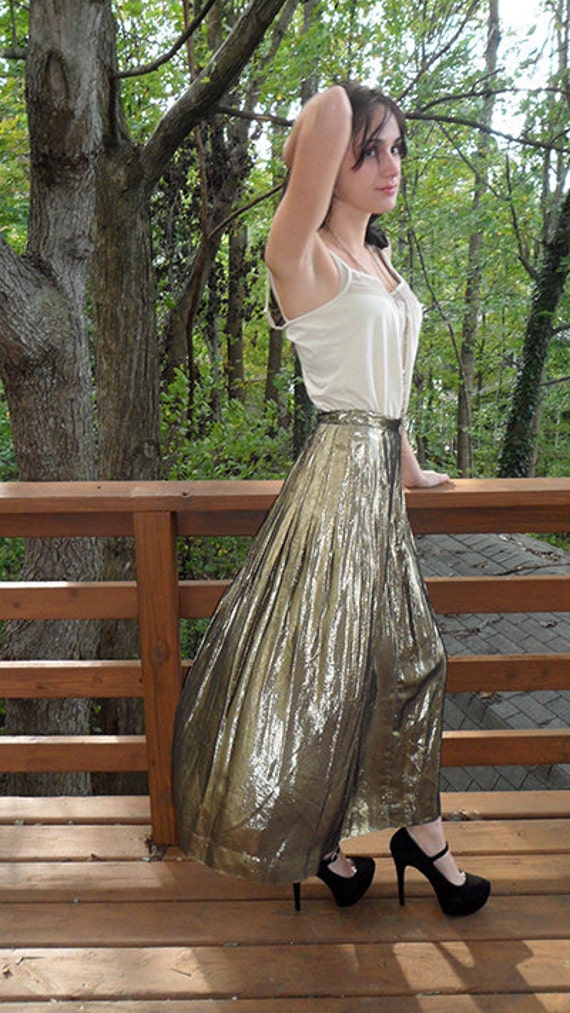 Metallic Gold Pleated Maxi Skirt 
