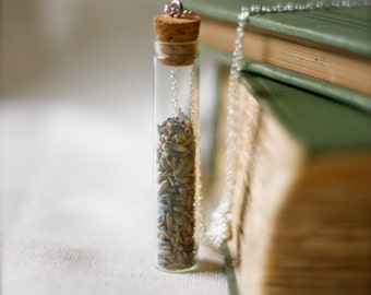 botanical vial necklace. preserved specimen corked top lavender buds. studiobotanica. botanist.