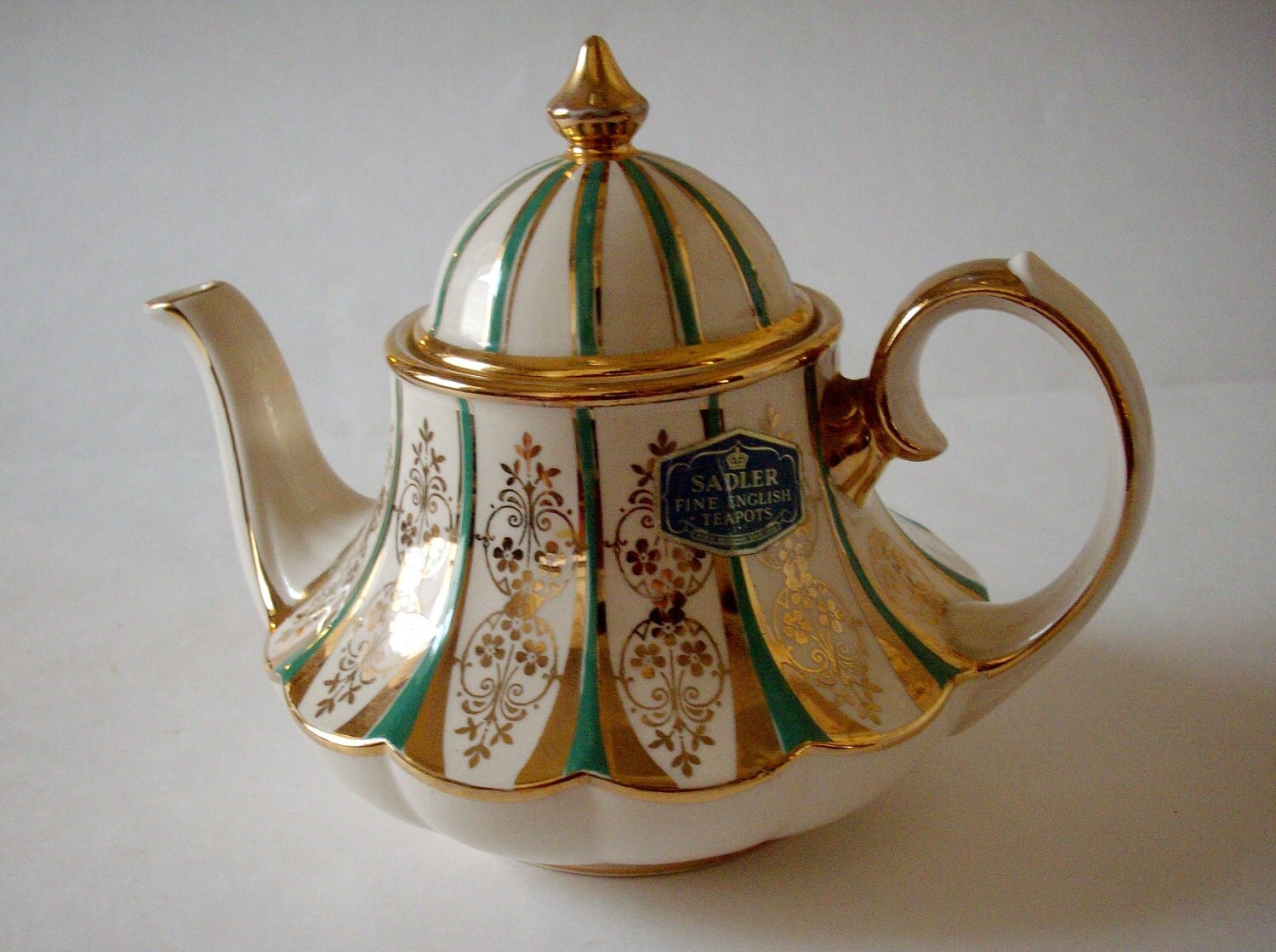 Vintage Sadler Teapot Porcelain Ivory Green Gold Gilt