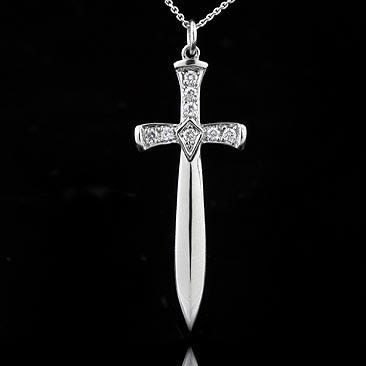 Diamond Cross Sword Pendant Necklace 14K White Gold