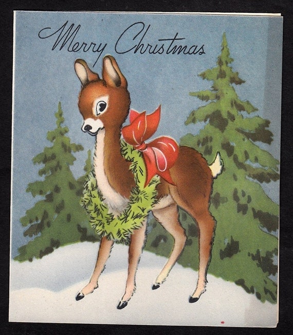 Vintage CHRISTMAS CARD REINDEER with Wreath Circa