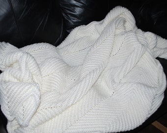 Crocheted Large Soft White Ripple Afghan