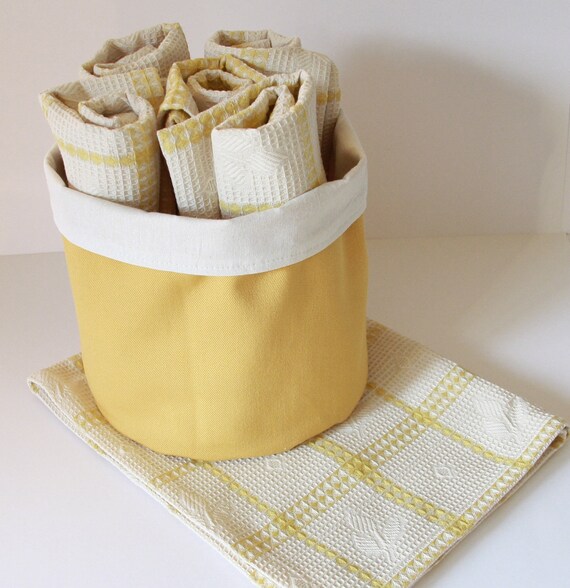 5 TeaTowels and fabric basket Tea towels and basket dish