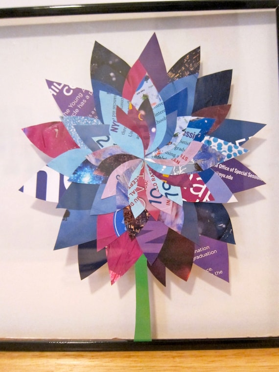 Paper Flower Collage Trio Upcycled Magazine Horizontal 8x20