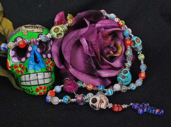 Hand beaded Day of the Dead mulit-color skull rosary Dia de