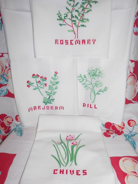 Retro Kitchen Vintage Dish Towels Red Stripe Embroidered