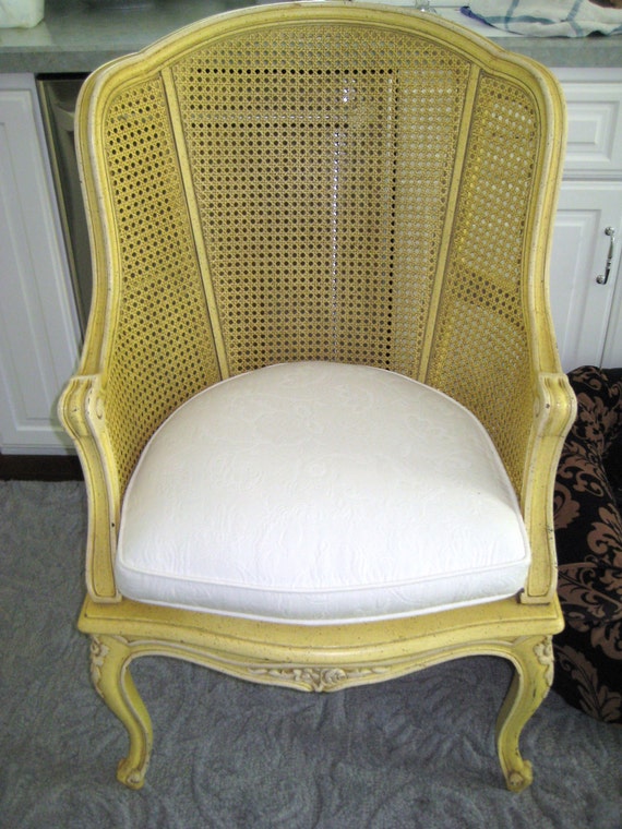 French Vintage Cane Wingback chair with removable matelasse