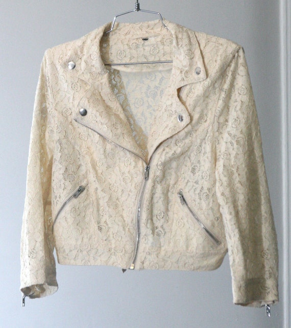 Cropped Cream Sheer Lace Motorcycle Jacket