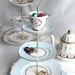 Delightful 3 tier cake / cupcake stand: perfect for a bridal or baby shower, vintage Colclough plates with Royal Stafford cup and saucer