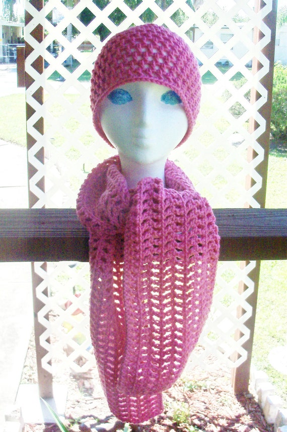 Lightweight Scarf - THINK PINK Raspberry Mesh Crochet Scarf - 20 Percent of Sale Donated to Charity