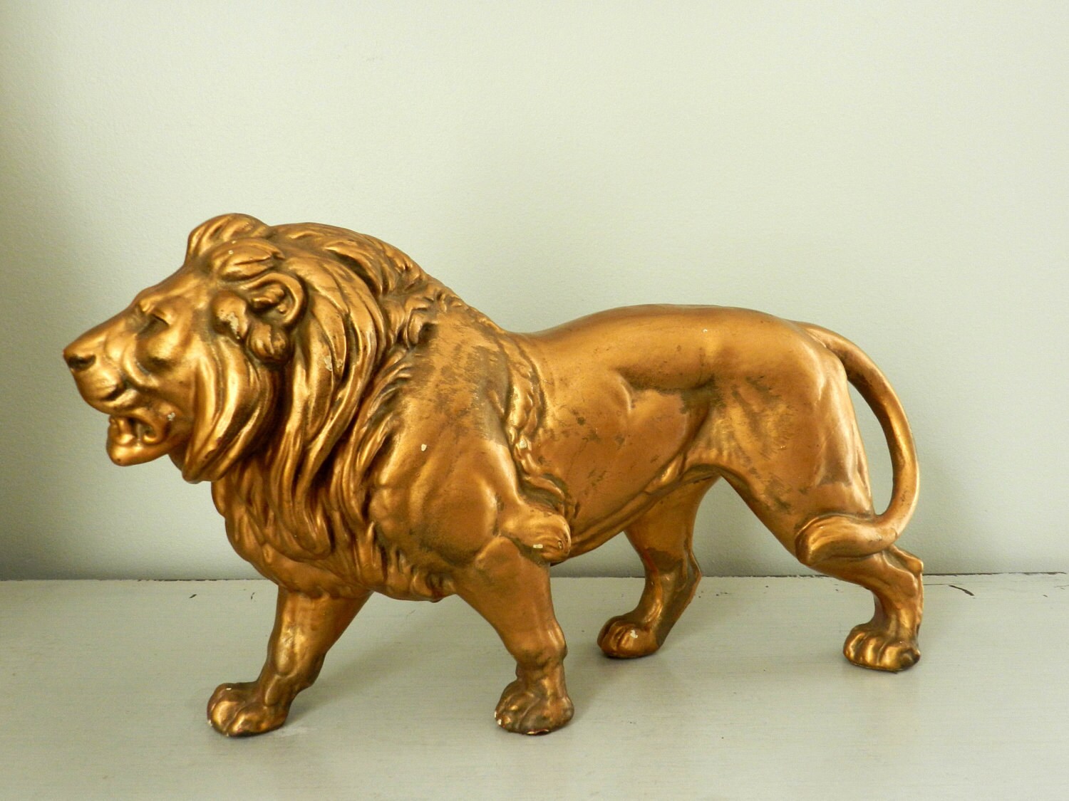 Vintage Gold Lion Figurine Statue Large Chalkware Hollywood