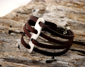 EXPRESS SHIPPING Custom Women's leather bracelet. Handmade, unique, multi strap brown leather bracelet , artisan hammered metal work
