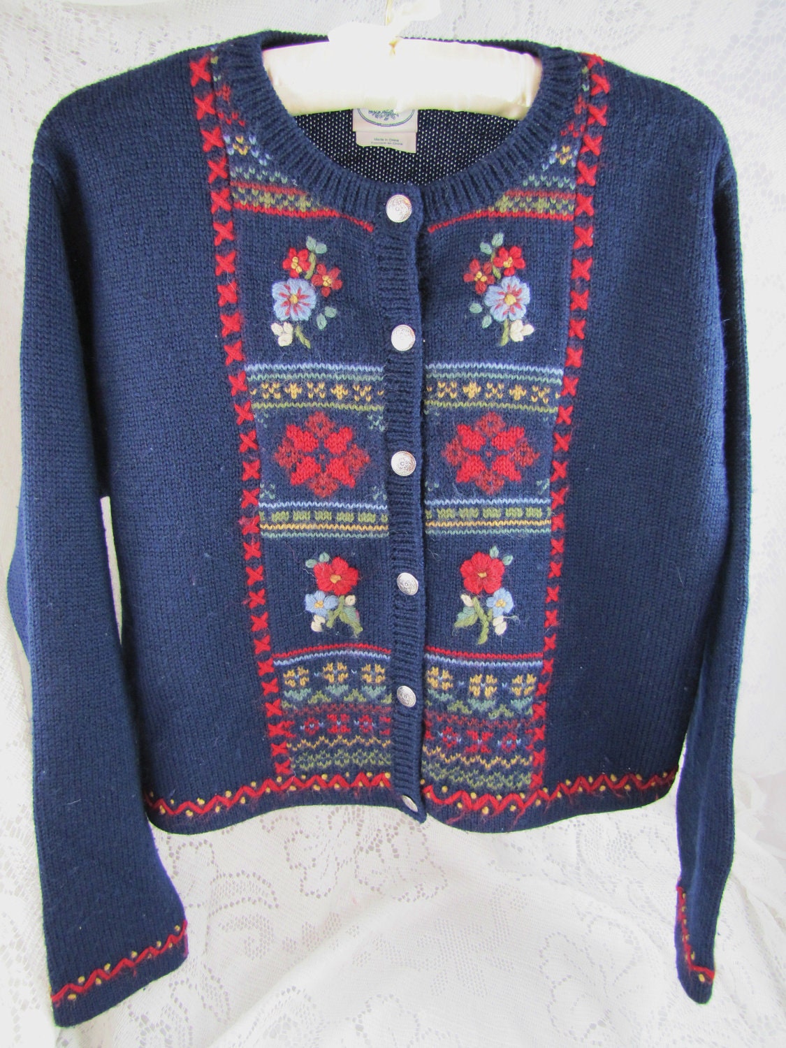 Vintage Wool Cardigan Laura Ashley Navy with hand