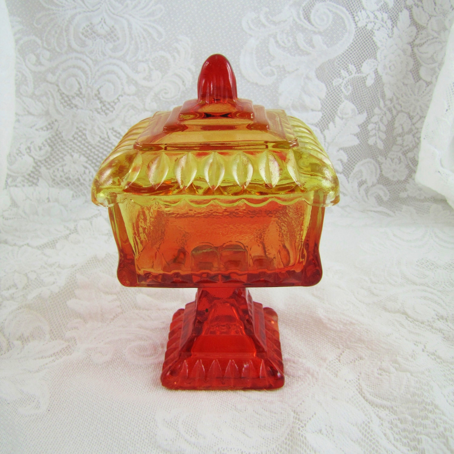 Amberina Pressed Glass Wedding Candy Dish Vintage Covered