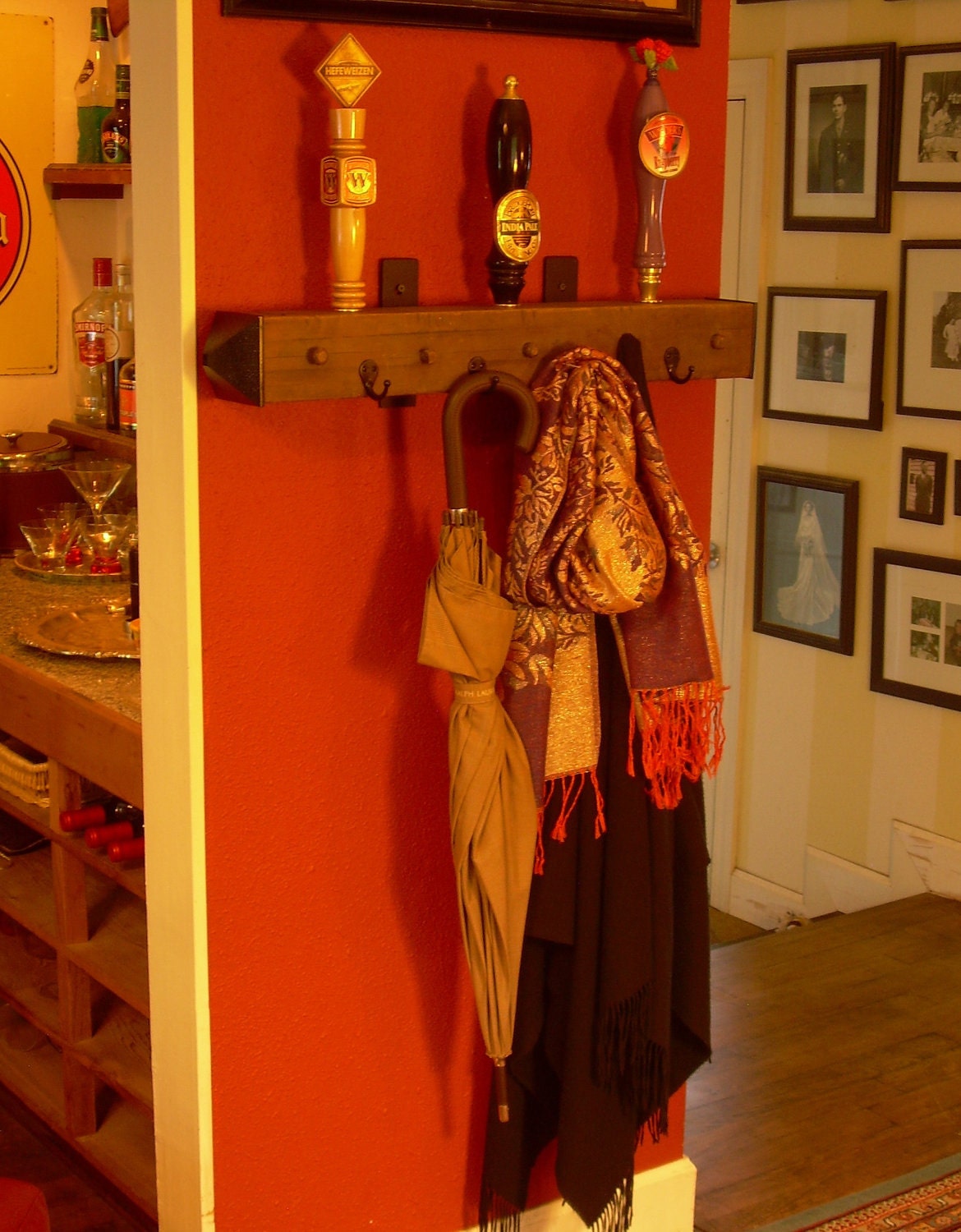 Beer tap handle coat rack made from antique salvaged wood