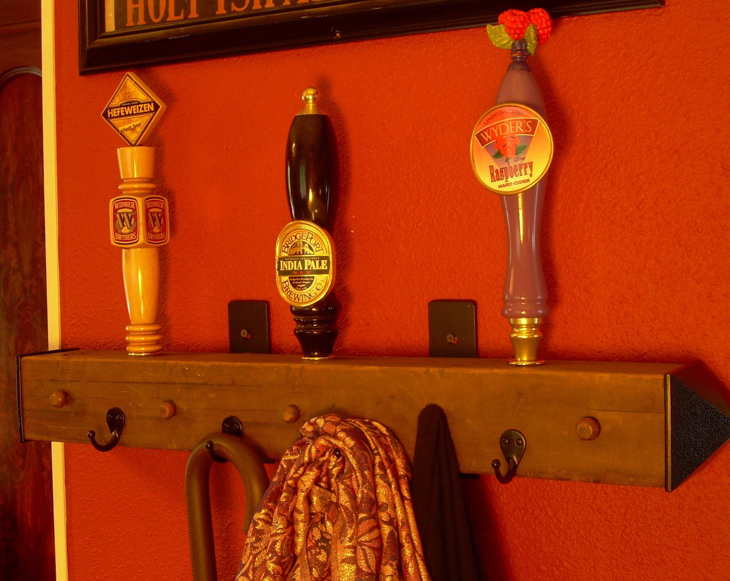 Beer tap handle coat rack made from antique salvaged wood