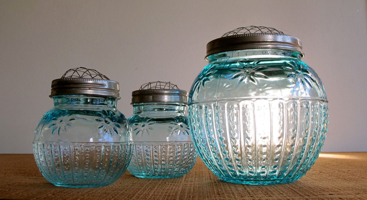 Set of Three Blue Glass Frog Jar Flower Vases by pollenvintage