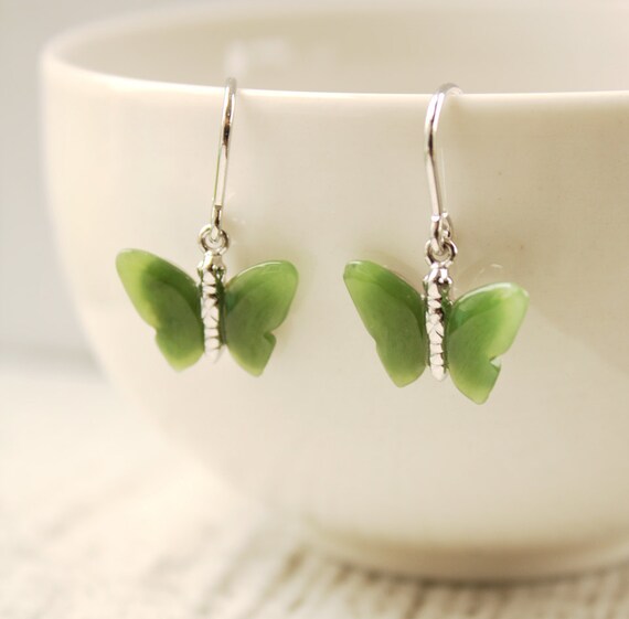 Green Butterfly Earrings Emerald Green Jade Sterling