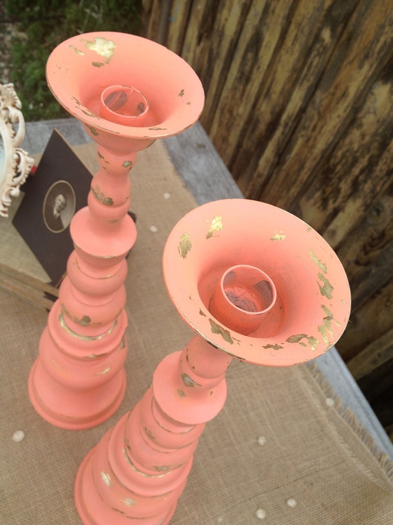 Vintage Upcycled Brass Candlesticks Coral Passion Curvy