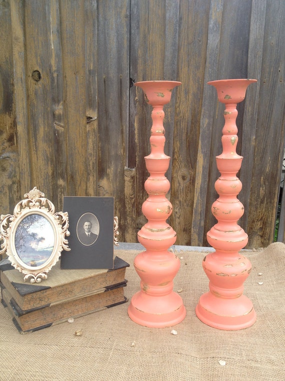 Vintage Upcycled Brass Candlesticks Coral Passion Curvy