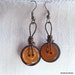 Blue and Orange Button Earrings, Wire-wrapped button antiqued bronze wire, pearly button, vintage button