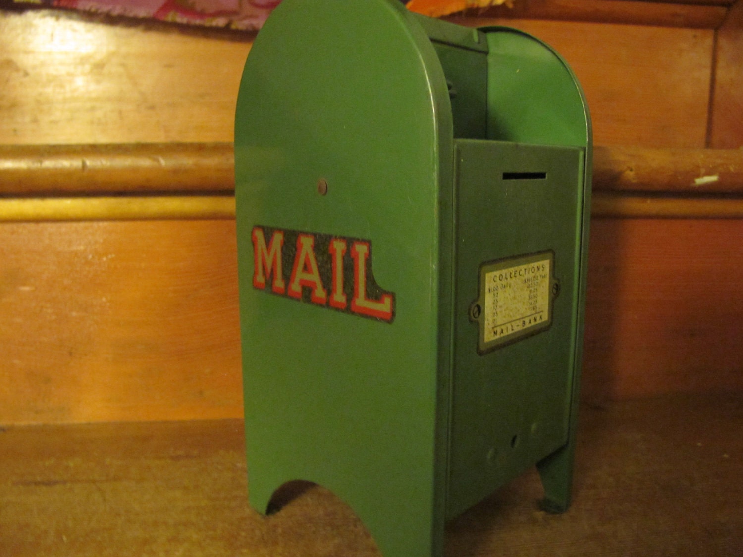 Vintage green tin mailbox coin bank