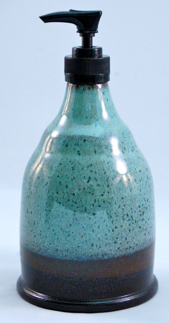 Items similar to Wheel Thrown Turquoise Pottery Soap Dispenser on Etsy