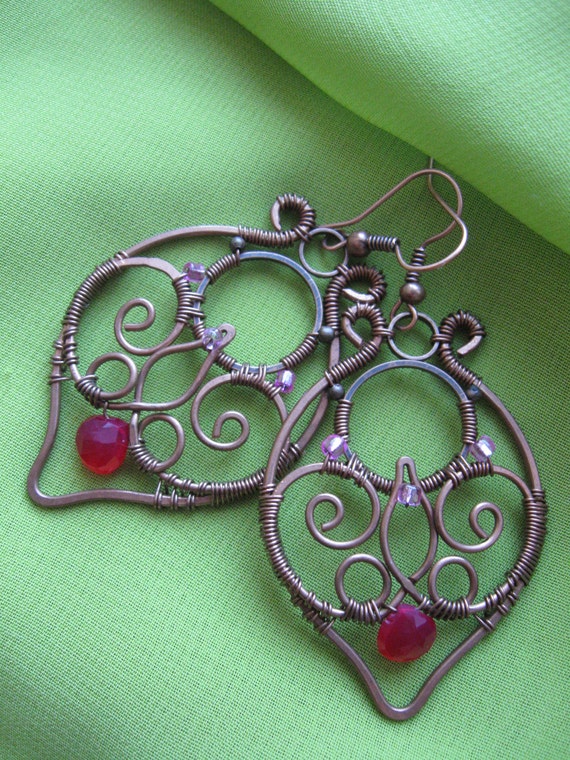 Hand forged Wire Wrapped Filigree Copper Leaf Earrings with