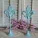 Cottage Chic Set of 2 Aqua Blue Iron Fleur De Lis Table Shelf Mantel Stands Shabby and Chic Table top Decor Iron Fleur De Lis Beach DEcor