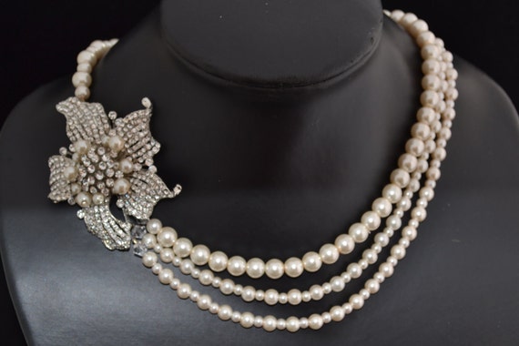 Floretta Swarovski crystal triple strand pearl necklace
