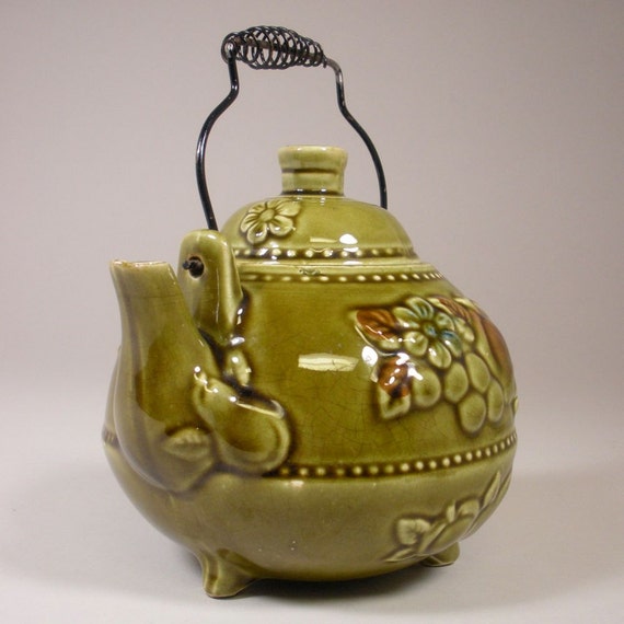 Items similar to Vintage Green Ceramic Footed Teapot with Floral and